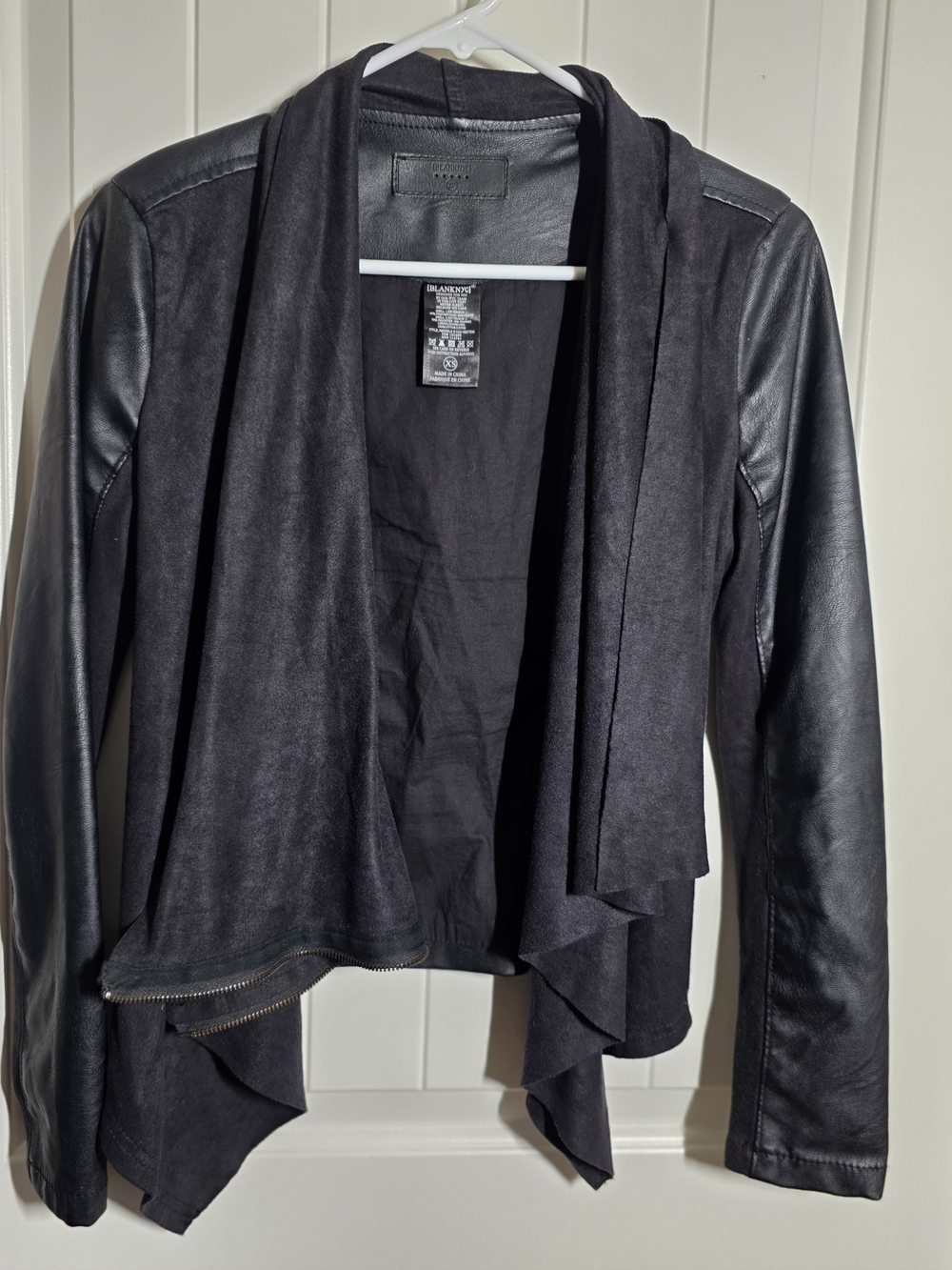 Blank NYC Black Faux Leather Draped Open Front Jacket